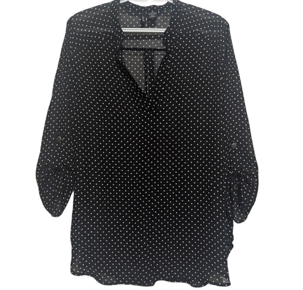Ultra Flirt Women's Black Sheer‎ Gray Polk a Dot Quarter Sleeve Blouse Size 1X